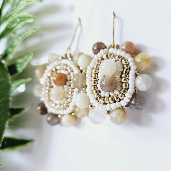 2/$27 | Peach Marble Shield Beaded Indigenous Hoop Earrings | Handmade - Picture 2 of 6